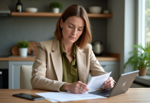 Femme d'âge moyen lisant des documents dans sa maison
