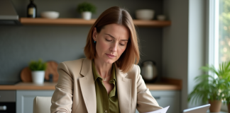 Femme d'âge moyen lisant des documents dans sa maison