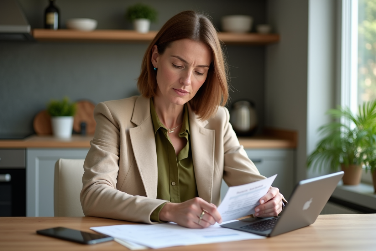 Femme d'âge moyen lisant des documents dans sa maison