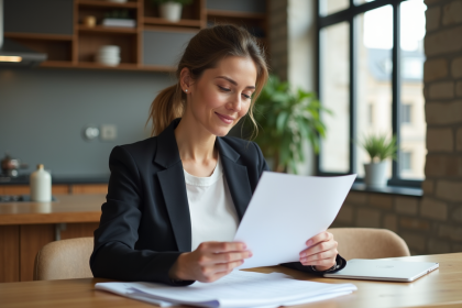 Femme en business casual lit un document de prêt immobilier