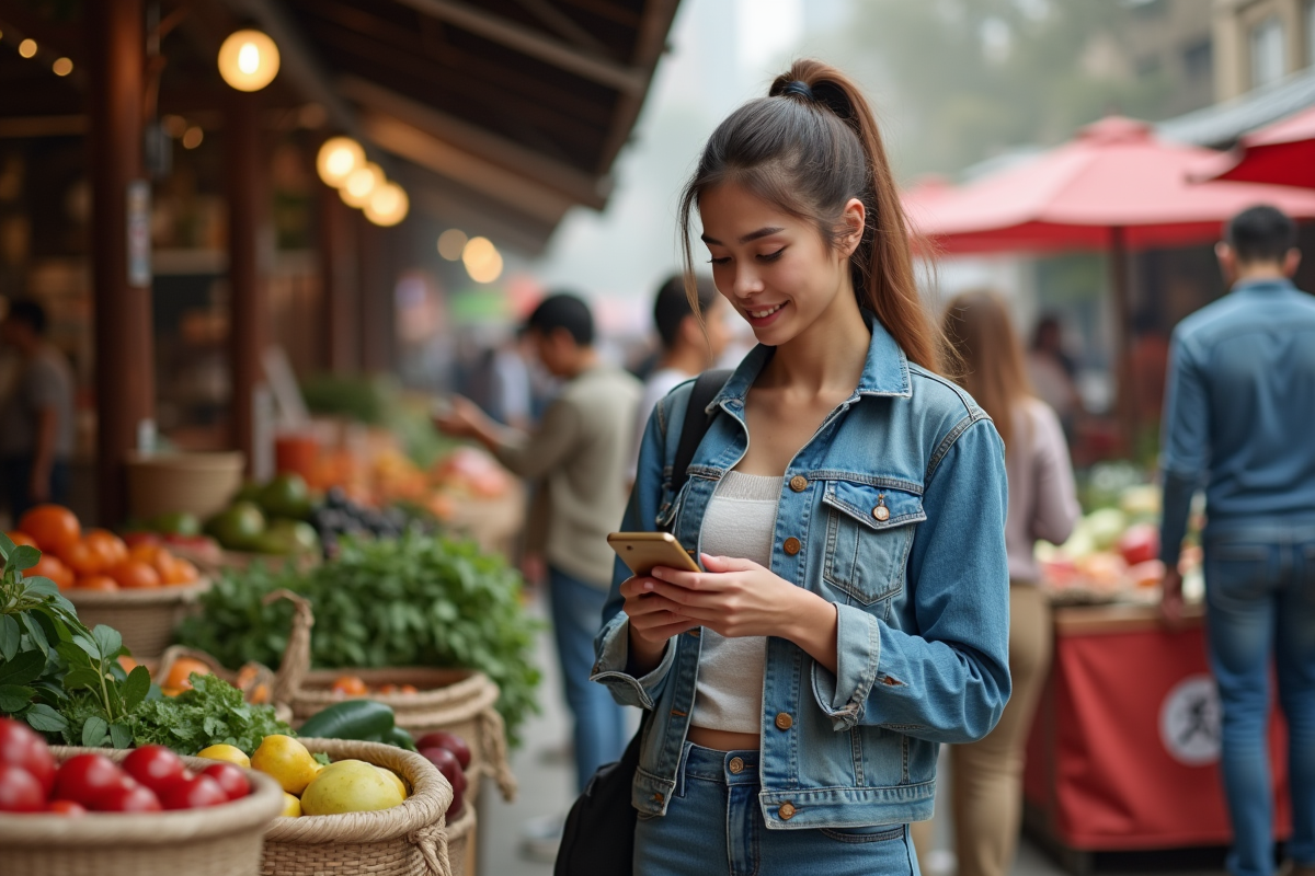 Jeune femme au marché examinant un prix sur un produit frais
