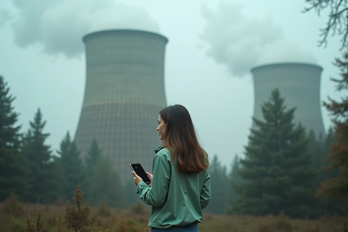 Femme regardant une centrale électrique dans la forêt