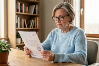 Femme consultant un document de mutuelle labellisée à son bureau à domicile