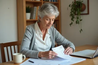 Femme senior organisant ses justificatifs et factures pour un dossier de demande d'aide financière Agirc-Arrco à domicile
