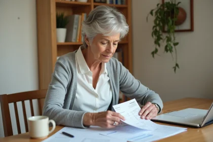 Femme senior organisant ses justificatifs et factures pour un dossier de demande d'aide financière Agirc-Arrco à domicile