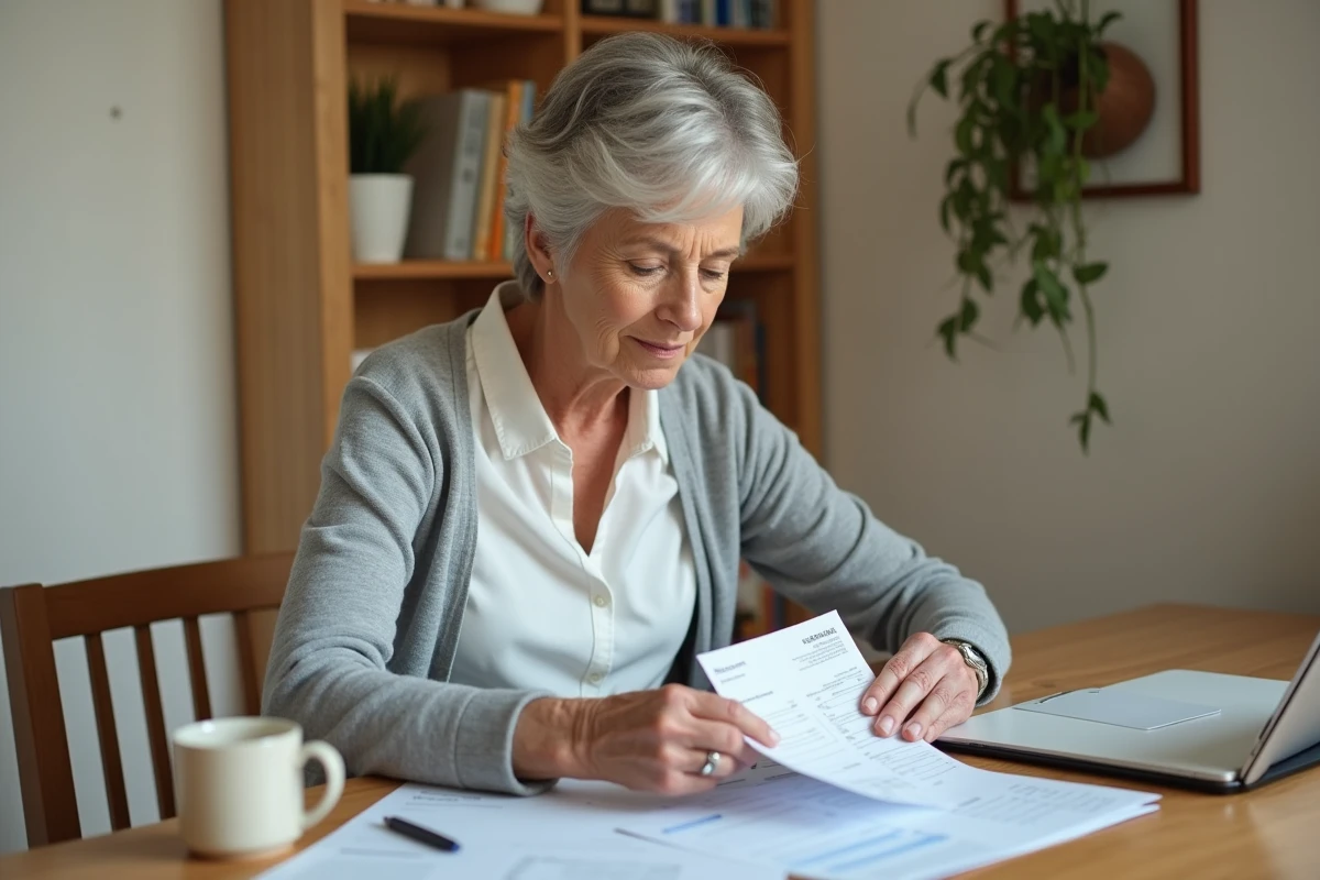 Femme senior organisant ses justificatifs et factures pour un dossier de demande d'aide financière Agirc-Arrco à domicile