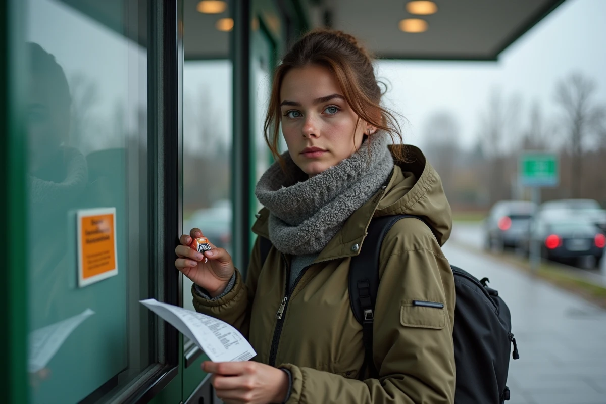 Jeune femme &agrave; la station essence allemande avec cigarette et re&ccedil;u