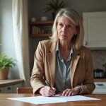 Réclamation de dommages : quelle est la plus courante en France ? Femme d'âge moyen remplissant des papiers dans la cuisine