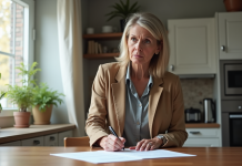 Réclamation de dommages : quelle est la plus courante en France ? Femme d'âge moyen remplissant des papiers dans la cuisine