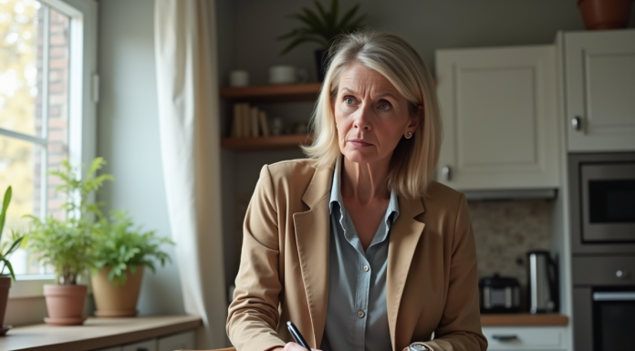 Réclamation de dommages : quelle est la plus courante en France ? Femme d'âge moyen remplissant des papiers dans la cuisine