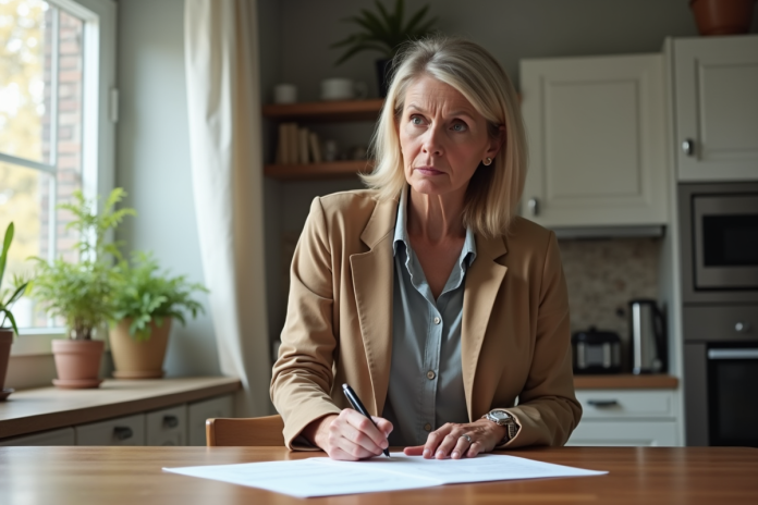 femme-plein-air-papiers Femme d'âge moyen remplissant des papiers dans la cuisine