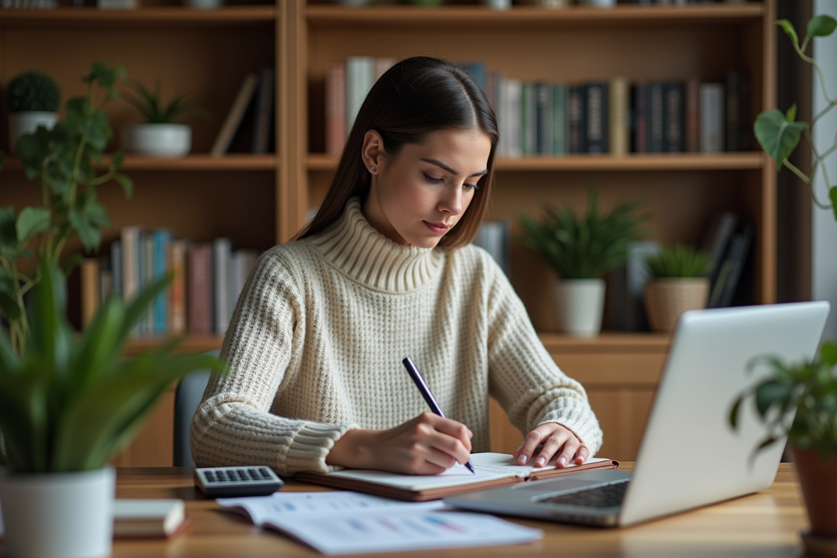 Jeune femme en intérieur prenant des notes dans un carnet