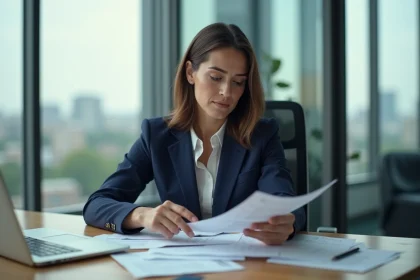 Femme professionnelle analysant ses relevés bancaires et frais de compte caisse d'épargne professionnel au bureau