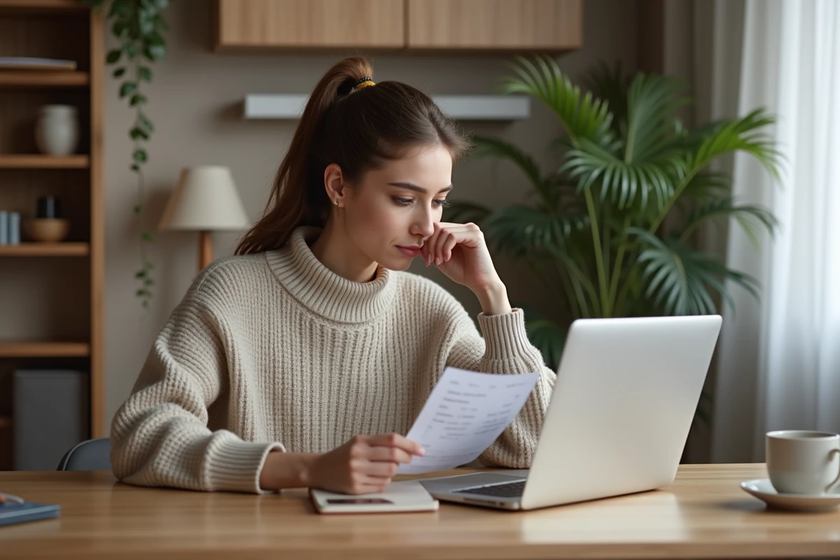 Jeune femme regardant un reçu à la maison