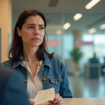 Western Union : transaction refusée, cause et solutions possibles Femme d'âge moyen avec reçu de rejet au comptoir