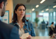 Western Union : transaction refusée, cause et solutions possibles Femme d'âge moyen avec reçu de rejet au comptoir