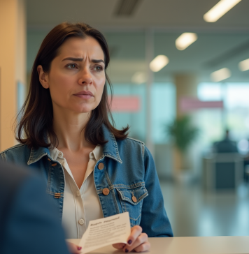 Western Union : transaction refusée, cause et solutions possibles Femme d'âge moyen avec reçu de rejet au comptoir