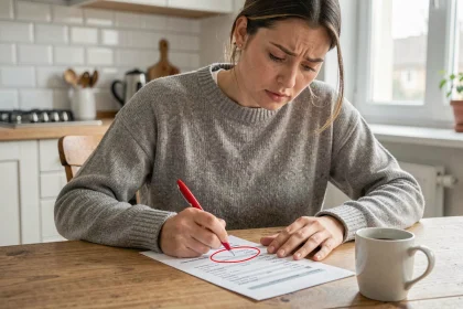 Femme examinant un relevé bancaire et découvrant un prélèvement non reconnu de REMISEREDUC