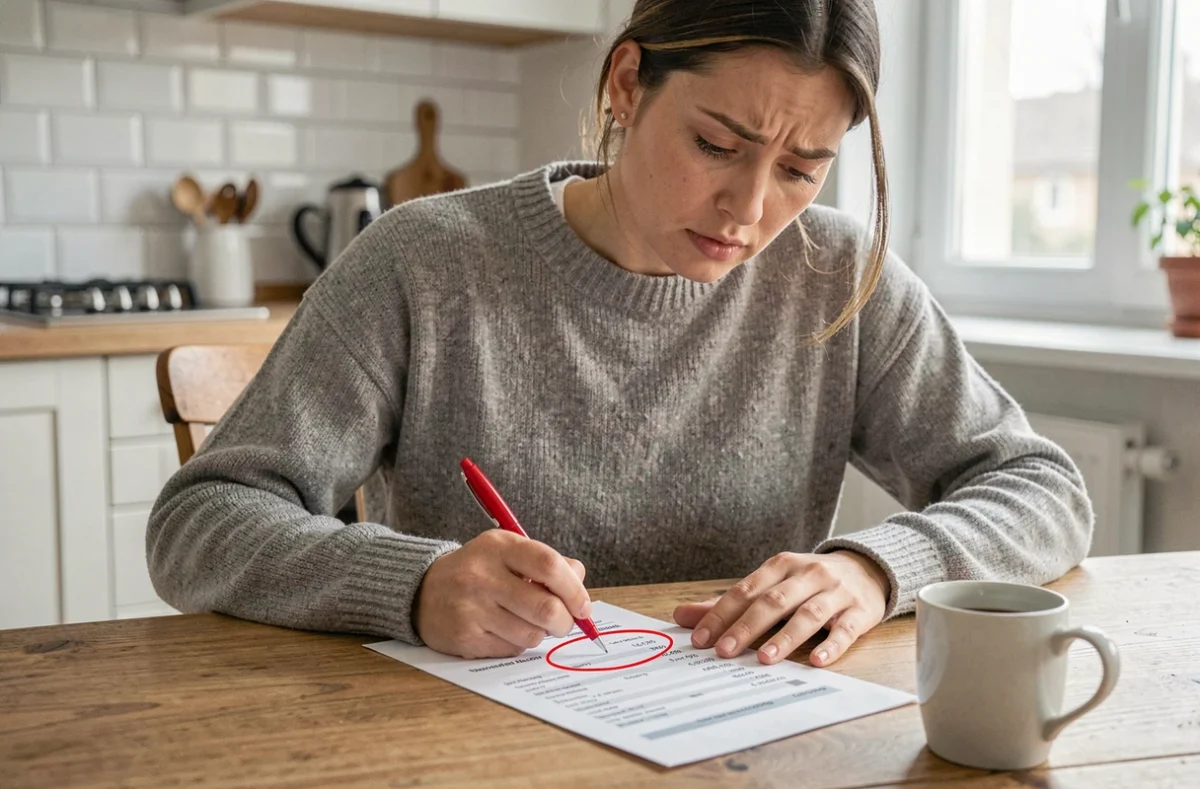 Femme examinant un relevé bancaire et découvrant un prélèvement non reconnu de REMISEREDUC
