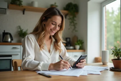 Femme souriante remplissant des formulaires bancaires à la maison