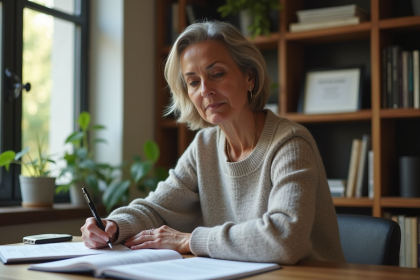 Femme réfléchie étudiant des brochures de retraite dans un bureau moderne