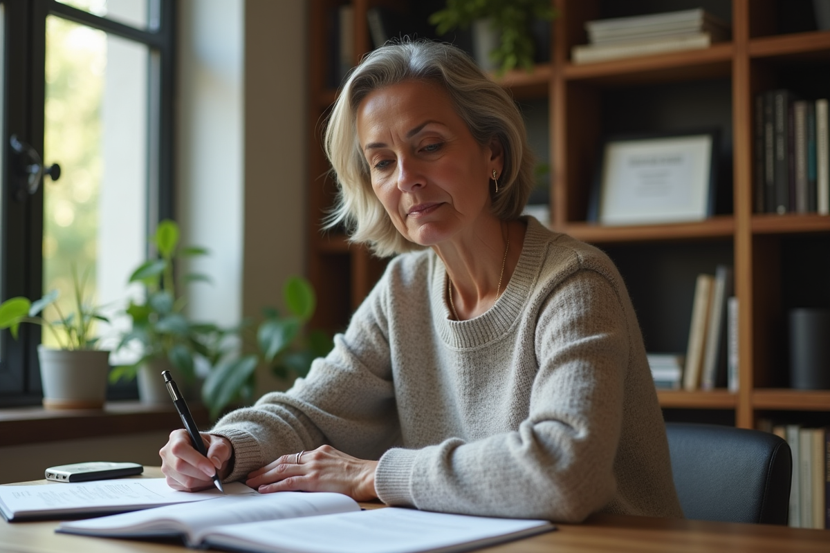 Femme réfléchie étudiant des brochures de retraite dans un bureau moderne