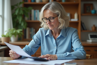 Femme d'âge moyen examinant des papiers de retraite