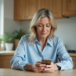 Mandat : envoyer de l’argent en toute simplicité Femme d'âge moyen utilisant son smartphone dans une cuisine lumineuse
