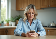 Femme d'âge moyen utilisant son smartphone dans une cuisine lumineuse