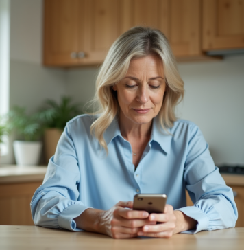Mandat : envoyer de l’argent en toute simplicité Femme d'âge moyen utilisant son smartphone dans une cuisine lumineuse