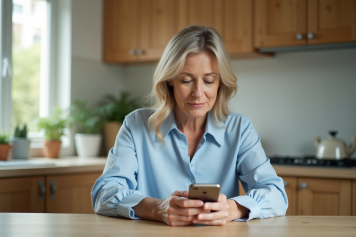 Femme d'âge moyen utilisant son smartphone dans une cuisine lumineuse