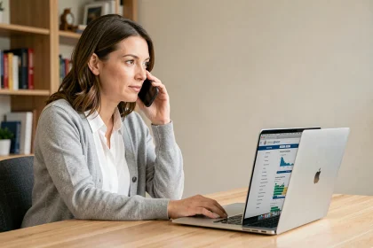 Femme contactant le service client ACM IARD par téléphone depuis son bureau à domicile