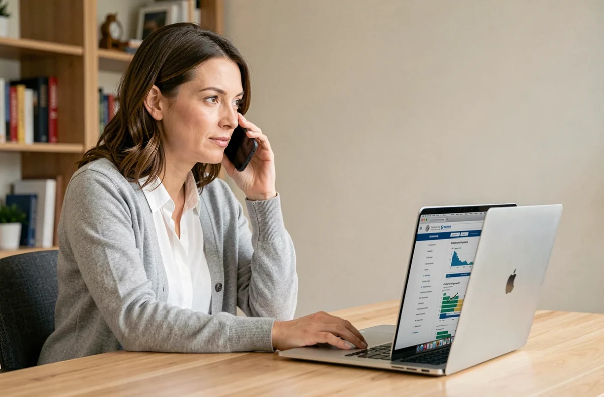 Femme contactant le service client ACM IARD par téléphone depuis son bureau à domicile