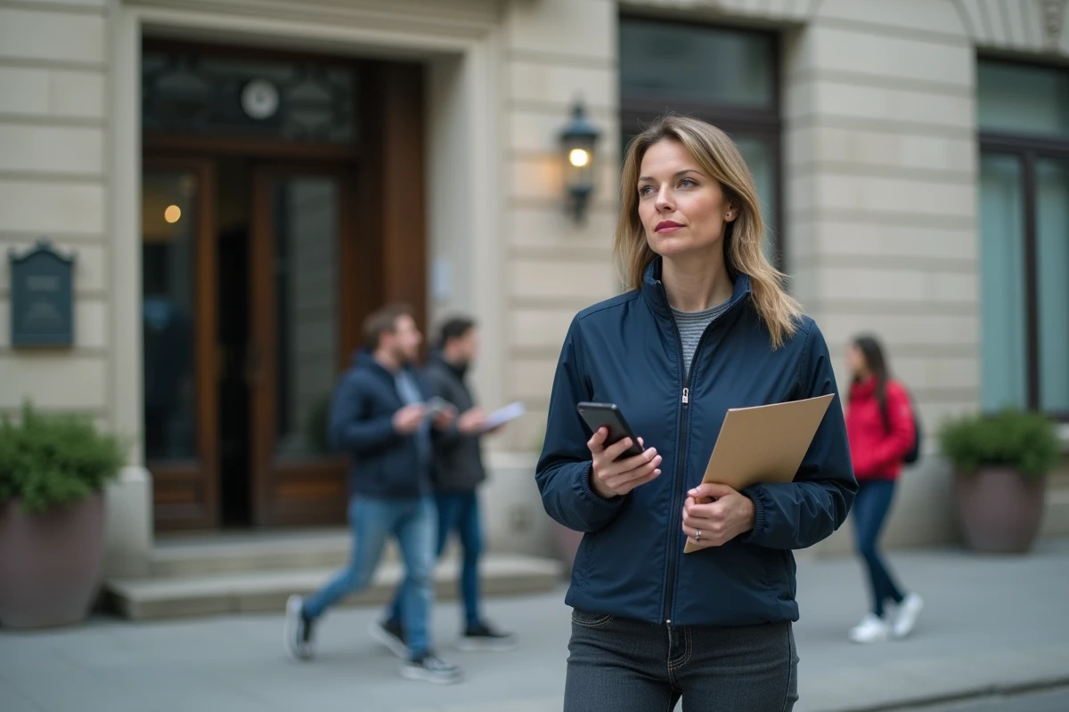 Femme seule devant un bâtiment administratif tenant une enveloppe de demande d'aides sociales RSA