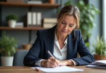 Prêt relais : qui est éligible selon les critères ? Femme d'âge moyen signant un document hypothécaire dans une banque
