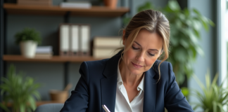 Prêt relais : qui est éligible selon les critères ? Femme d'âge moyen signant un document hypothécaire dans une banque