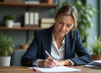 Prêt relais : qui est éligible selon les critères ? Femme d'âge moyen signant un document hypothécaire dans une banque