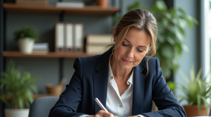 Prêt relais : qui est éligible selon les critères ? Femme d'âge moyen signant un document hypothécaire dans une banque