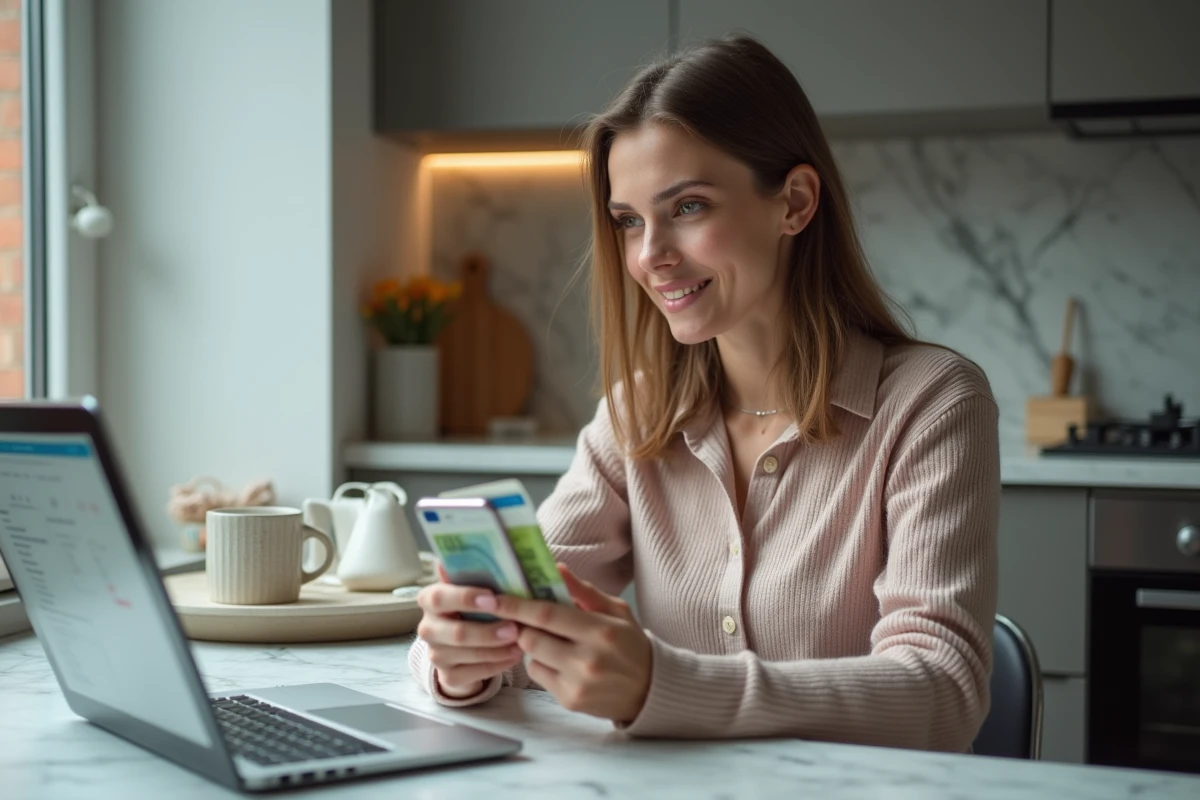 Jeune femme avec smartphone et billet euro dans la cuisine