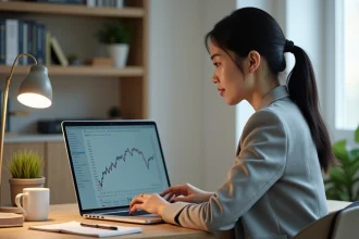 Femme consultant un taux de change franc suisse euro sur un ordinateur portable dans un bureau moderne
