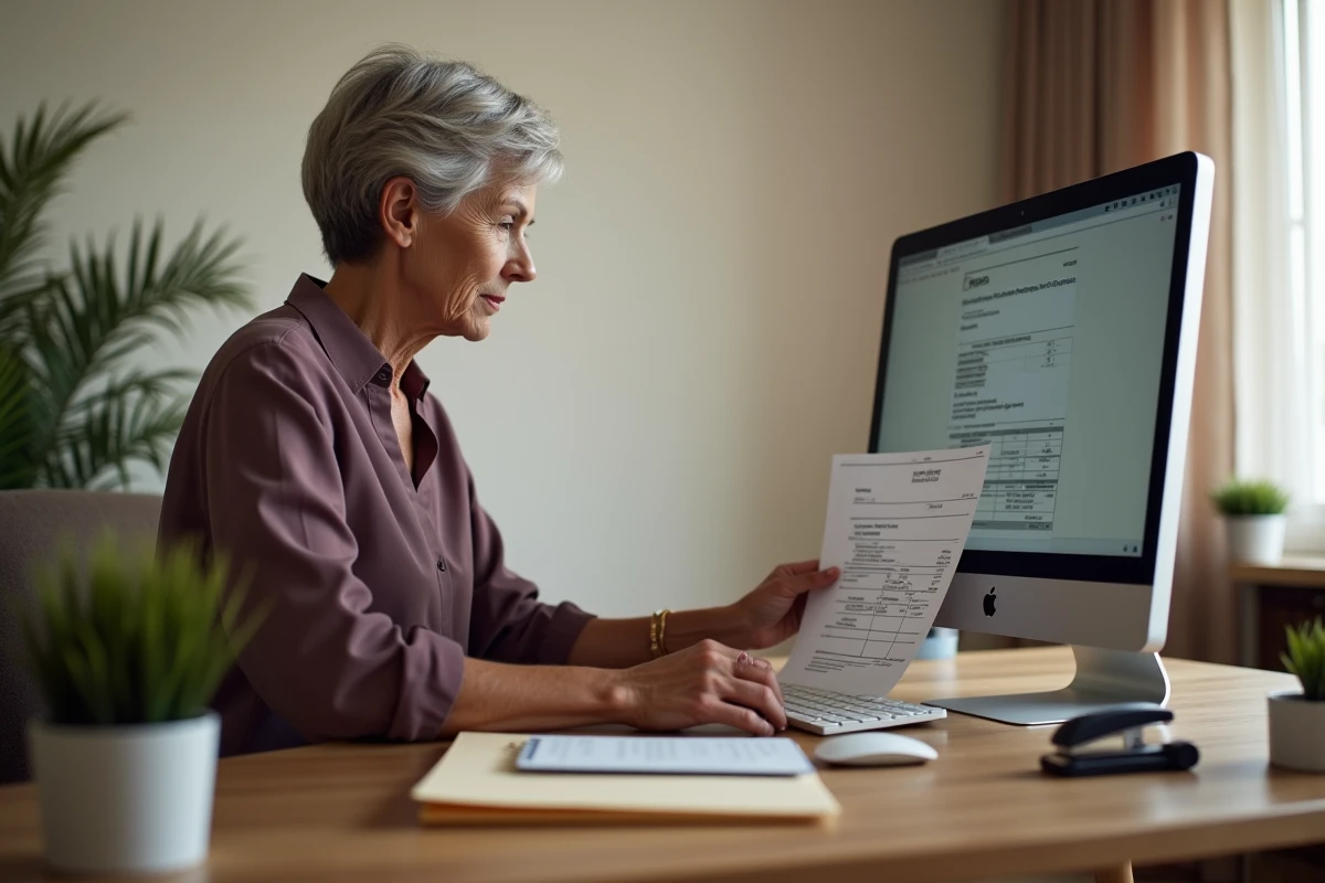 Femme retraitée en train de joindre ses justificatifs en ligne sur un formulaire d'aide financière Agirc-Arrco depuis son domicile