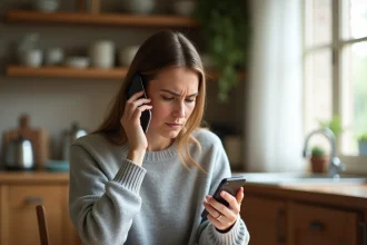 Femme frustrée au téléphone essayant de naviguer dans les menus vocaux de Cetelem