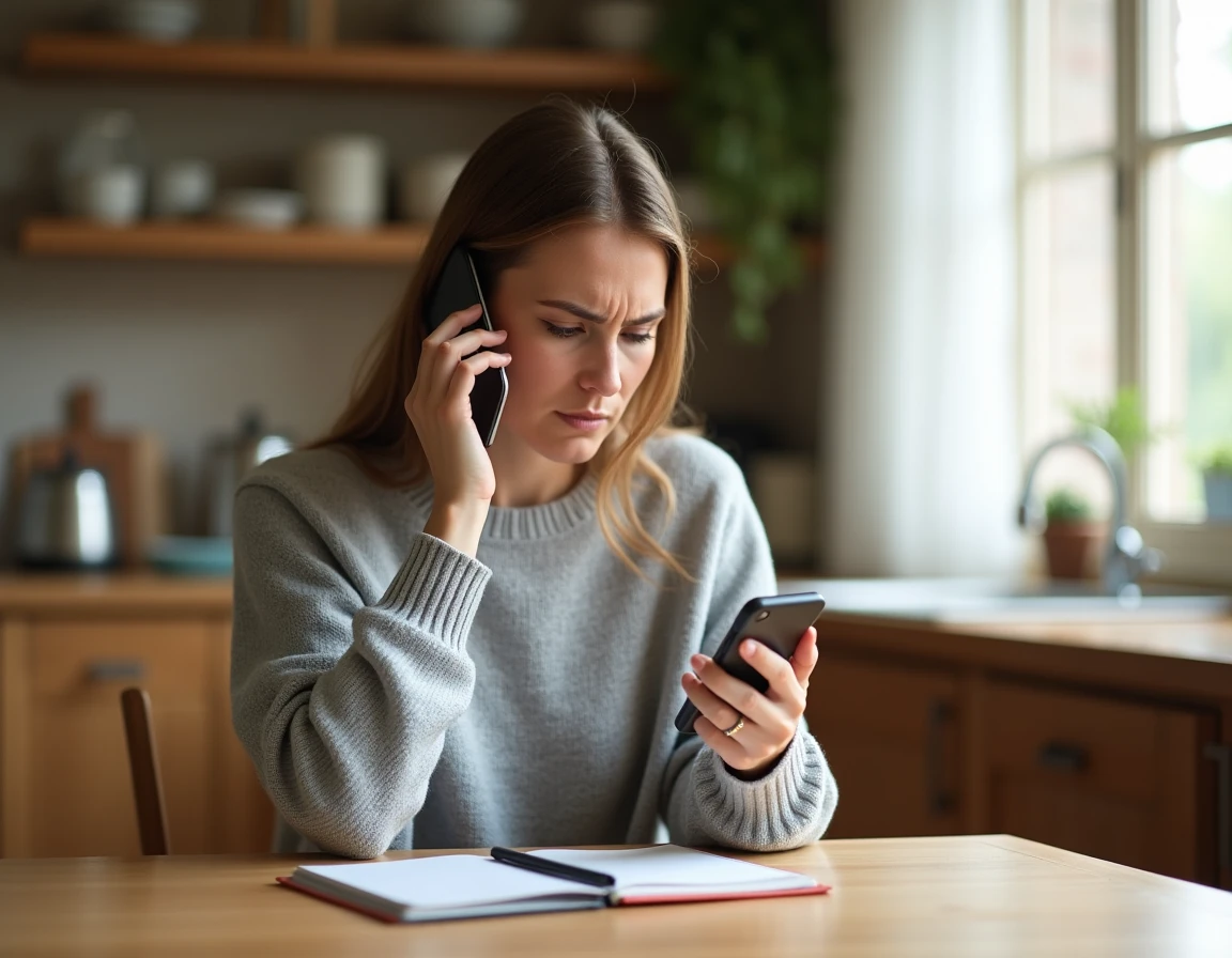 Femme frustrée au téléphone essayant de naviguer dans les menus vocaux de Cetelem