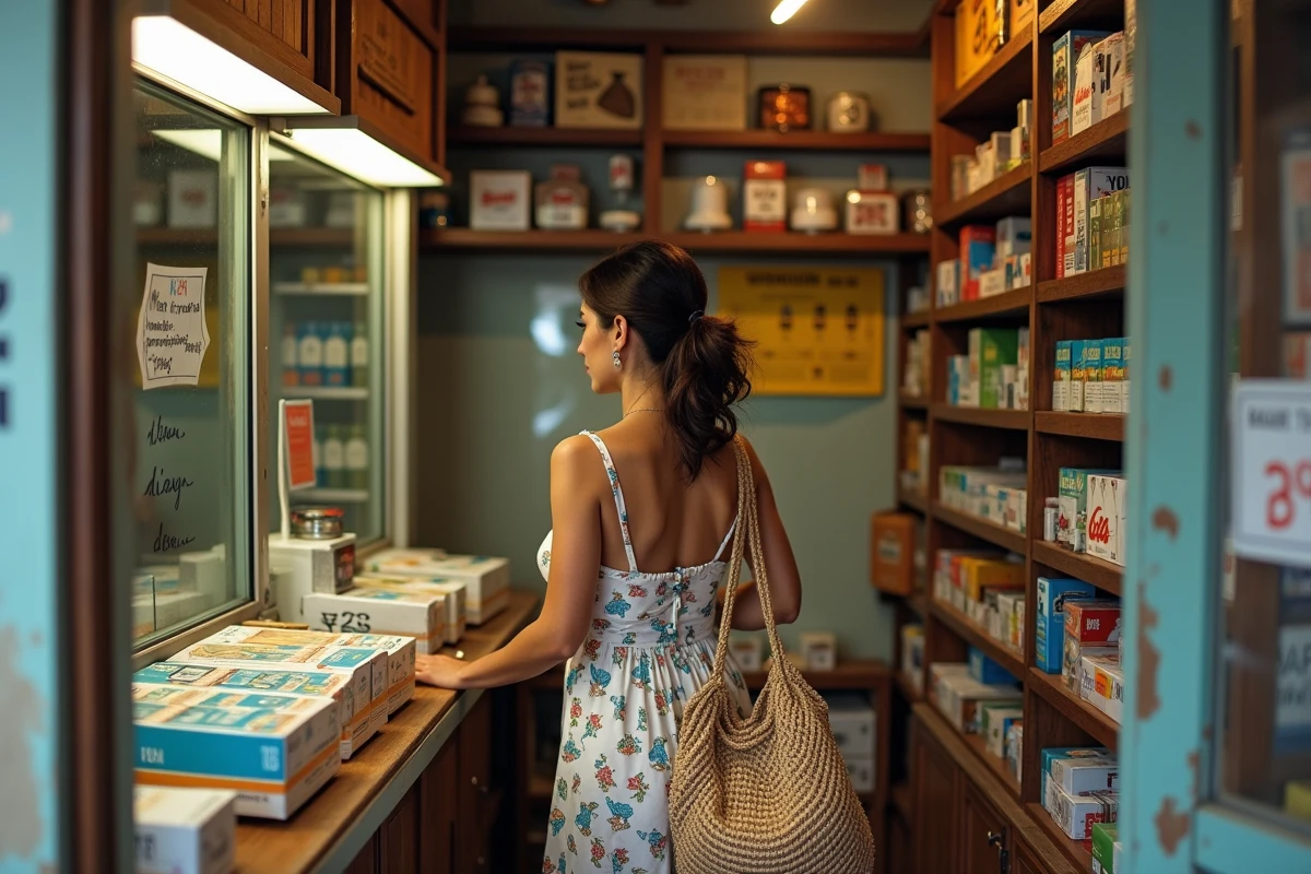 Femme touriste dans un tabac italien consultant l'affichage des prix de cigarettes en 2026