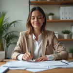 Réforme du PLF 2025 : opportunités et risques pour les loueurs en meublé non professionnels Femme d'âge moyen travaillant sur des documents fiscaux dans un bureau moderne