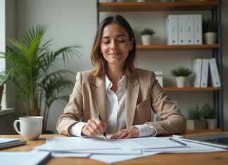 Réforme du PLF 2025 : opportunités et risques pour les loueurs en meublé non professionnels Femme d'âge moyen travaillant sur des documents fiscaux dans un bureau moderne