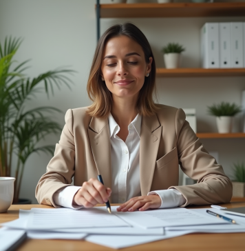 Réforme du PLF 2025 : opportunités et risques pour les loueurs en meublé non professionnels Femme d'âge moyen travaillant sur des documents fiscaux dans un bureau moderne
