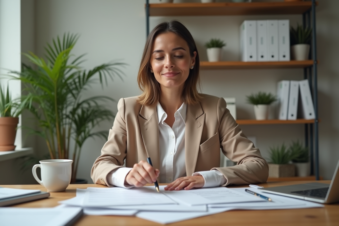 femme-travail-impots-bureau Femme d'âge moyen travaillant sur des documents fiscaux dans un bureau moderne