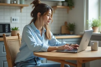 Femme assise à la cuisine en train de taper sur son ordinateur