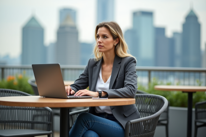 Femme pensante sur un rooftop avec skyline moderne